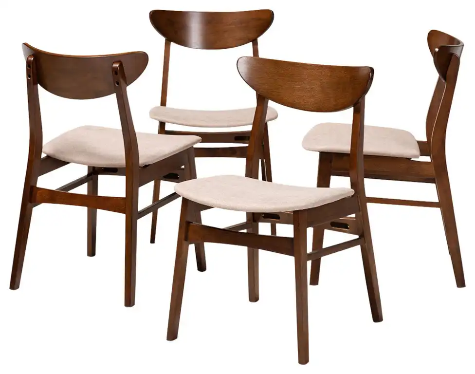Lubbock Mid-Century Walnut Effect 4-Piece Dining Chair Set, Light Beige/Walnut Brown