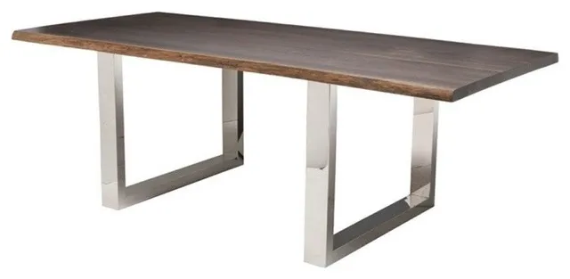 Lyon Dining Table With Polished Stainless Base, Seared Oak, 78"