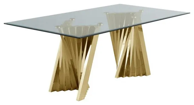Maklaine 42" x 78" Clear Glass Dining Table with Gold Stainless Steel Base