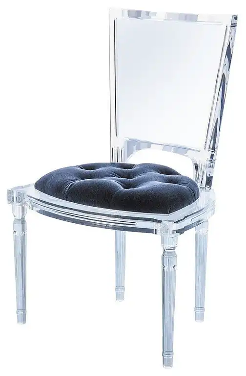 Marilyn Acrylic Side Chair, Ghost Clear Plastic Dining Chair, Tufted Seat, Blue