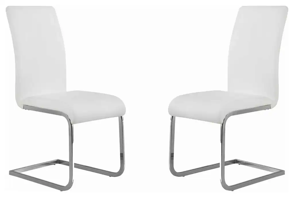 Metal Cantilever Base Leatherette Dining Chair, Set of 2, White and Silver