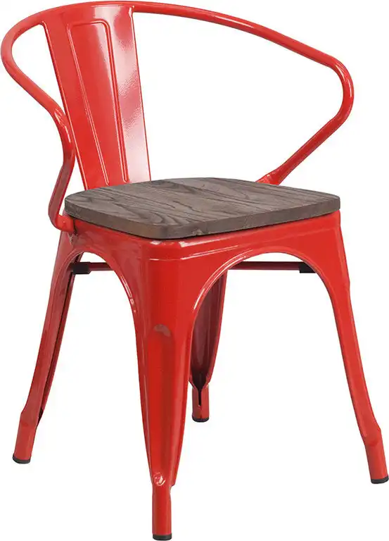 Metal Chair With Wood Seat and Arms, Red