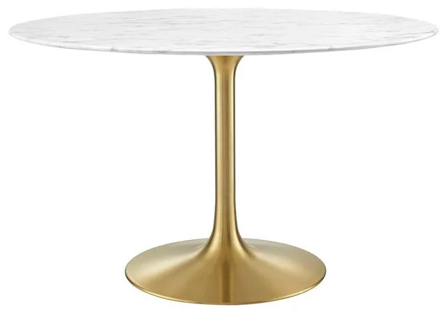 Mid-Century Dining Table with Round White Marble Top and Gold Base