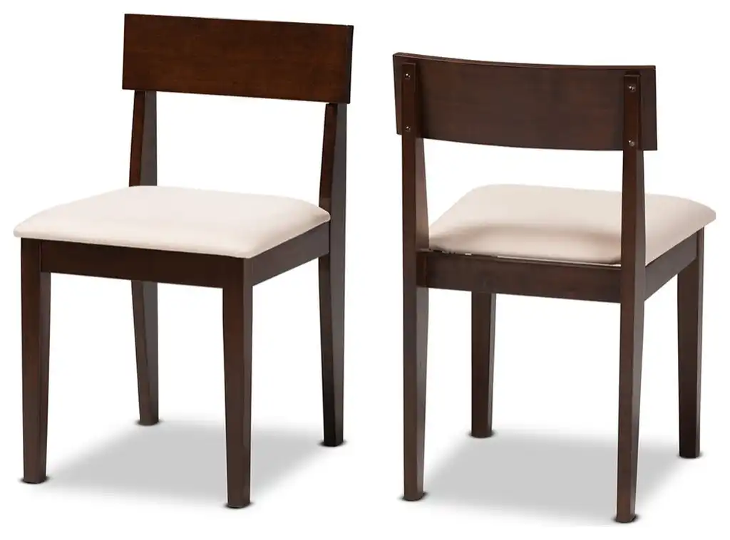 Mid-Century Modern Cream Fabric Dark Brown Finished Wood 2-PieceDining Chair Set