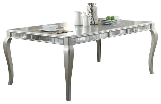Mirror Accented Wooden Dining Table with Cabriole Legs, Champagne Silver
