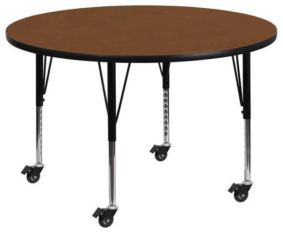 Mobile 42'' Round Oak HP Laminate Activity Table - Height Adjustable Short Legs