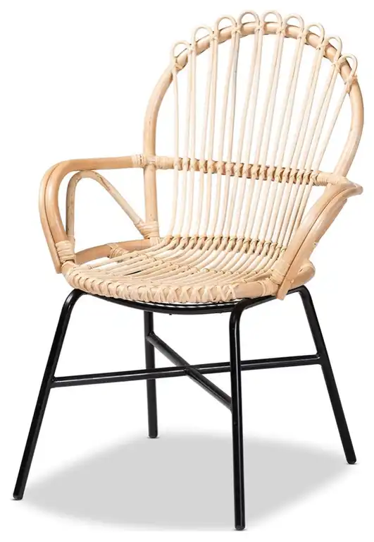 Modern Bohemian Natural Brown Rattan and Black Metal Chair