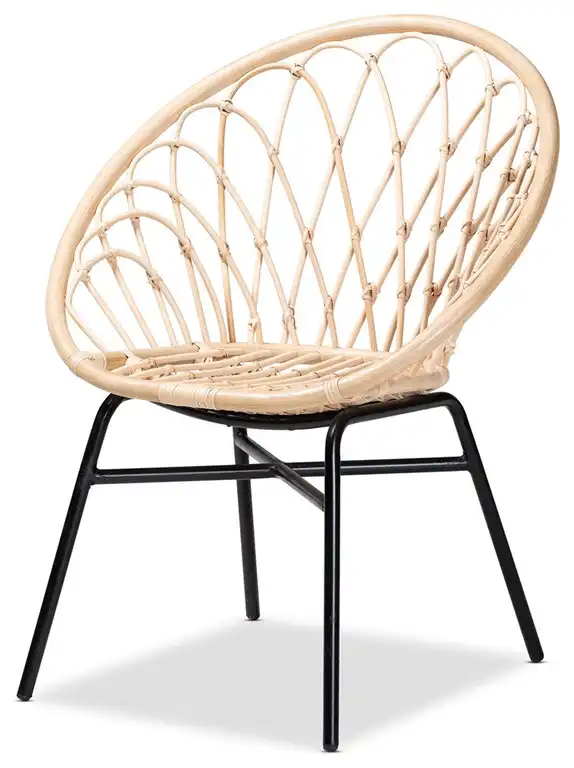 Modern Bohemian Natural Brown Rattan and Black Metal Chair, Intertwine Accents