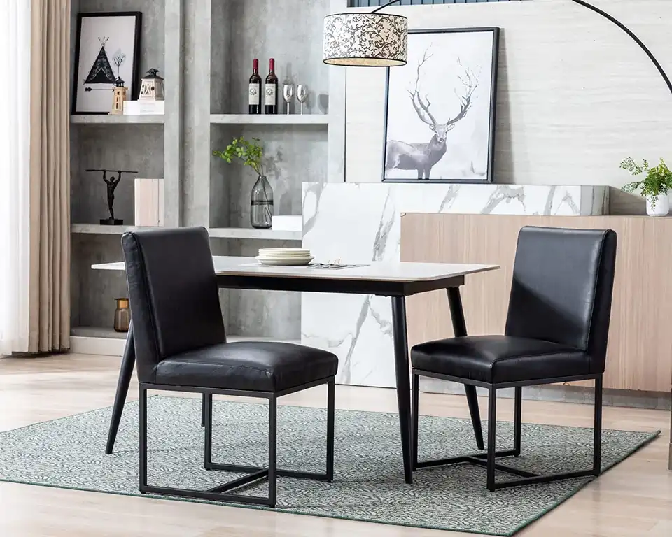 Modern Dining Chairs Set of 2, Leather Upholstered Armless with Black Base