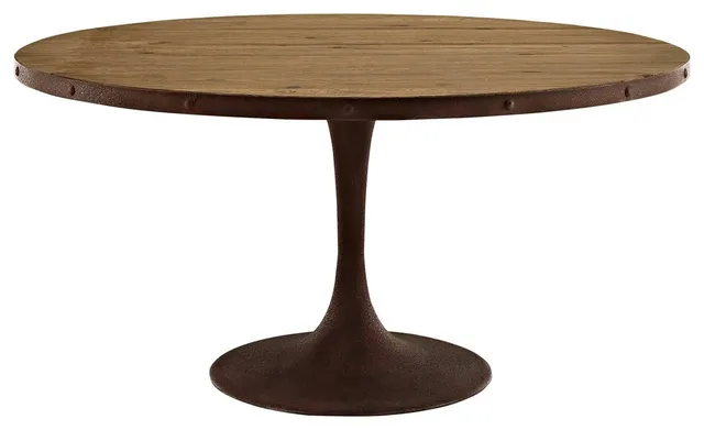 Modern Industrial Antique Vintage Style Round Dining Table, Brown, Metal Wood