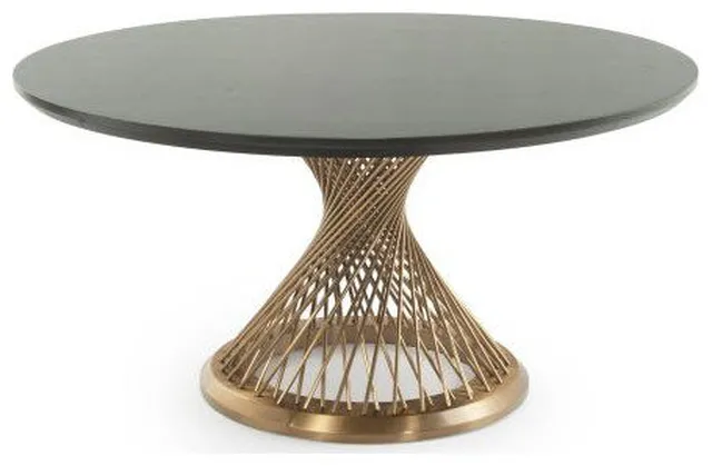 Modern Twisted Spoke Hardwood Dining Table- Gold Base, Smooth Alder Ebony Finish, 60x60x31