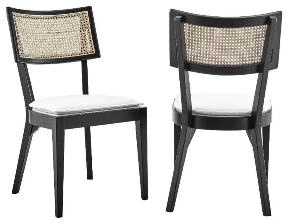 Modway Caledonia 19" Rattan Wood Fabric Dining Chair in Black/White (Set of 2)