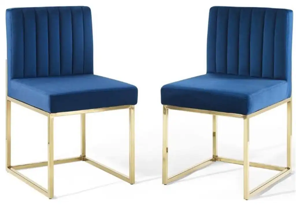 Modway Carriage 19" Velvet Dining Side Chair in Gold and Navy (Set of 2)