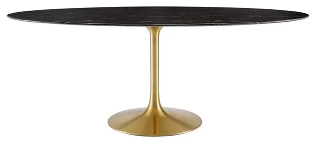 Modway Lippa 78" Oval Modern Artificial Marble/Metal Dining Table in Gold/Black