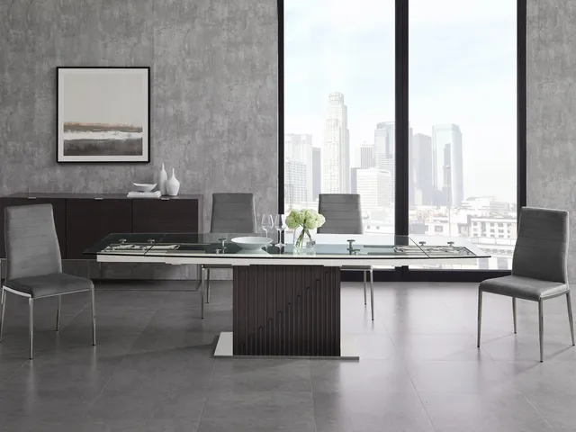 Moon Manual Dining Table with Gray Oak Base and Clear Top