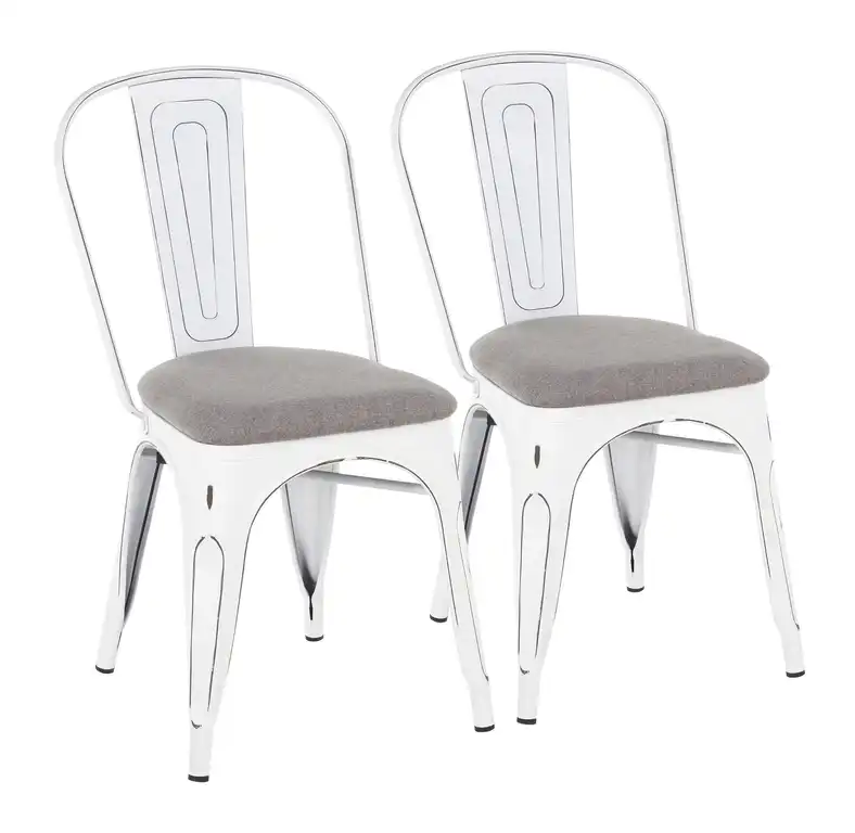 Oregon Stackable Dining Chair in White Metal & Light Grey Fabric-Set of 2