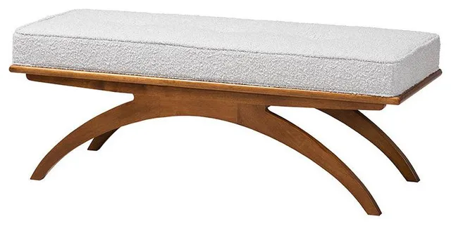 Orella Japandi Light Grey Boucle Fabric and Walnut Brown Finished Wood Bench
