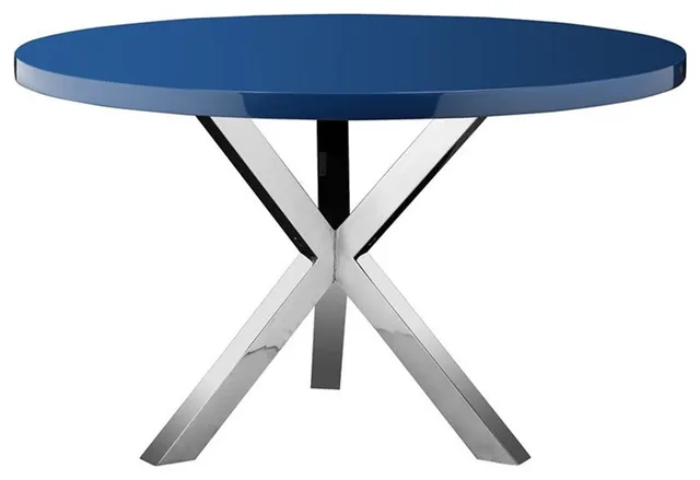 Pangea Home Remi Gloss Lacquer & High Polished Steel Metal Dining Table in Navy