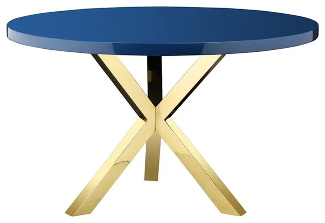 Pangea Home Remi Modern Lacquer & Polished Steel Metal Dining Table in Navy/Gold