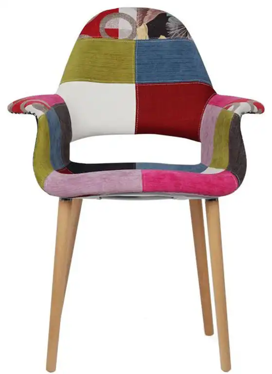 Patchwork Patterned Mid Century Modern Upholstered Fabric Natural Wooden Leg Ann