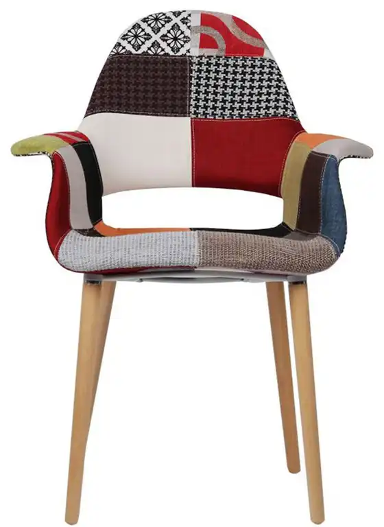 Patchwork Patterned Mid Century Modern Upholstered Fabric Natural Wooden Leg Sam