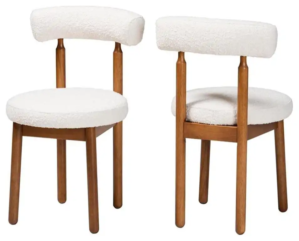 Pemberly Row Cream Boucle Fabric and Brown Wood 2-Piece Dining Chair Set