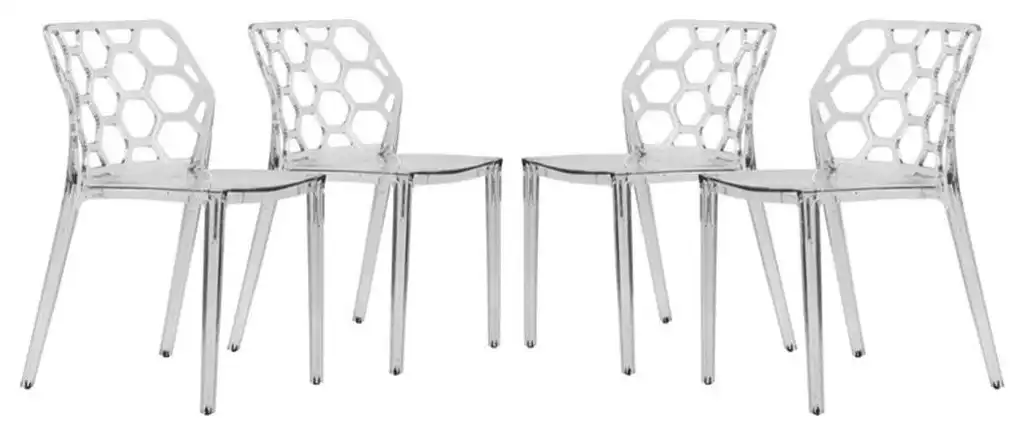 Pemberly Row Plastic Dining Side Chair Honeycomb Design in Clear Set of 4