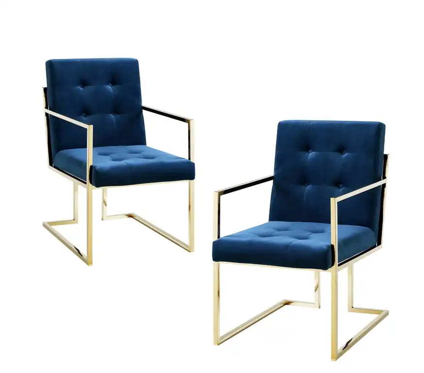 Phoebe Tufted Dining Chairs With Square Arms, Set of 2, Navy Velvet