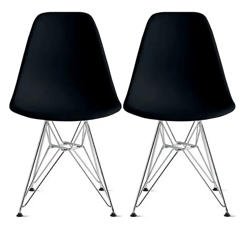 Plastic Dining Chair With Chrome Eiffel Wire Legs, Set of 2, Black