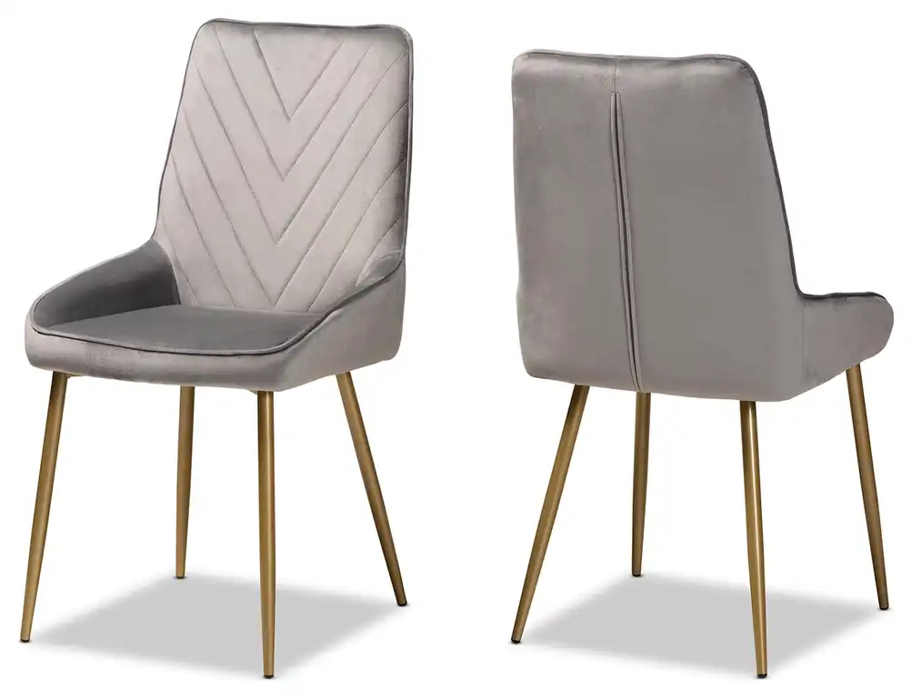 Priscilla Grey Velvet Upholstered and Gold Finish Metal 2-Piece Dining Chair Set
