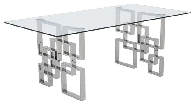 Rectangular Clear Glass Dining Table with Silver Geometric Stainless Steel Base