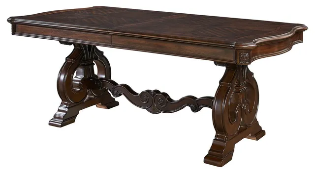 Rectangular Expandable Dining Table with Floral Carvings and Pedestal Base