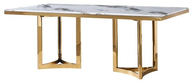 Rectangular White Marble Dining Table, Gold Base Glam Luxury Table 79"