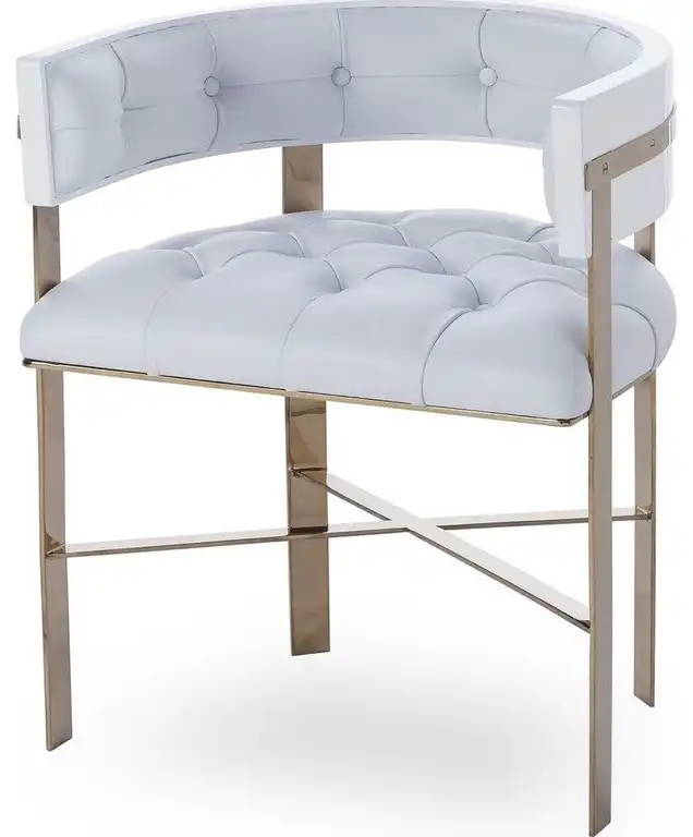 Resource Decor Art Dining Chair Tufted, White Leather/Mirrored Brass
