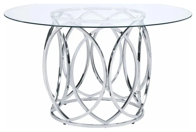 Round Glass Dining Table with Chrome Drum Base and Geometric Accents