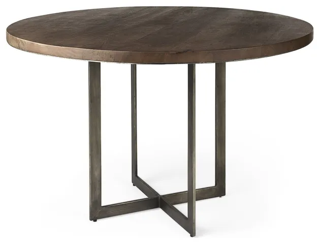 Rustic Brown Round Wood and Metal Dining Table
