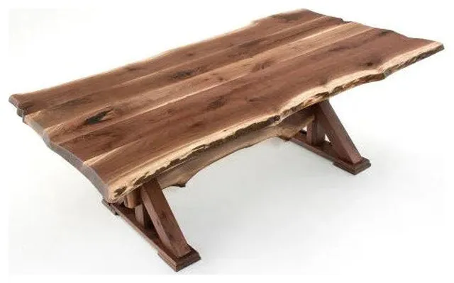 Rustic Live Edge Trestle Dining Table, Black Walnut, 48x96x31