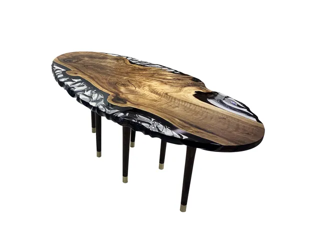 Rustic Wavy Oval Dining Table, Epoxy Resin & Wood