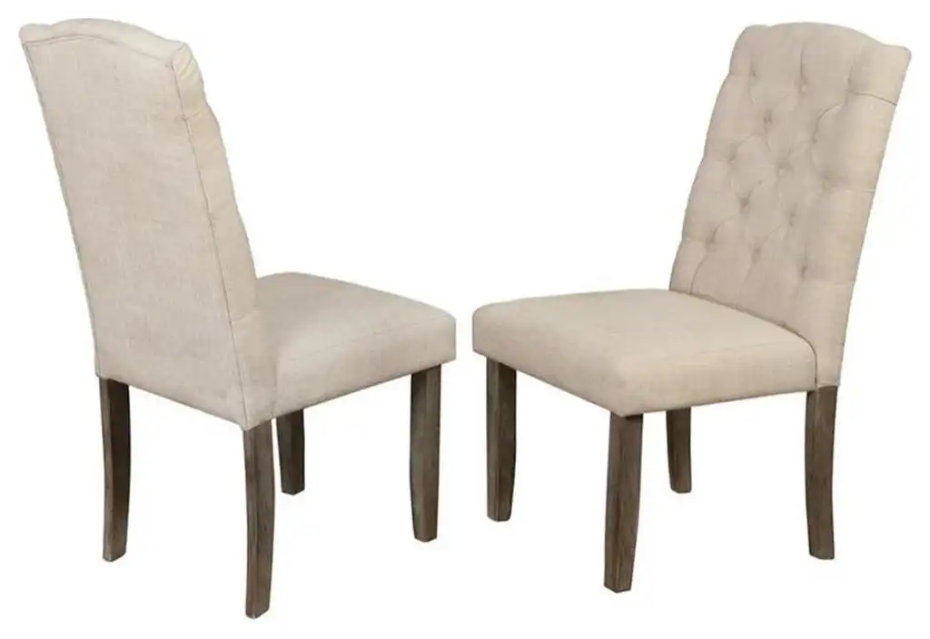 Rustic Wood Dining Chairs Upholstered with Beige Linen Fabric (Set of 2)