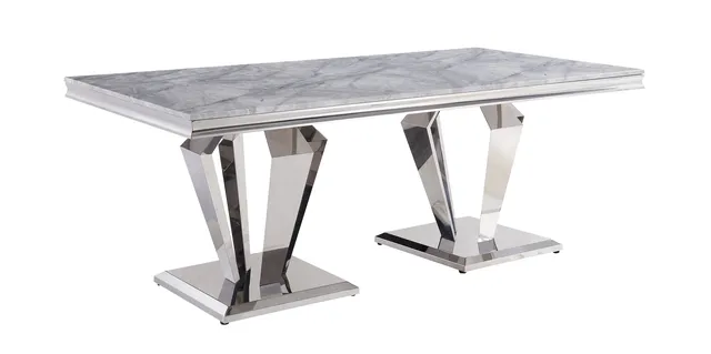 Satinka Dining Table, Light Gray Printed Faux Marble and Mirrored Silver Finish