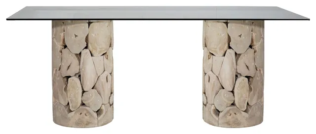 Scarlett 79" Rectangular Teak Root Double Pedestal Base Glass Top Dining Table