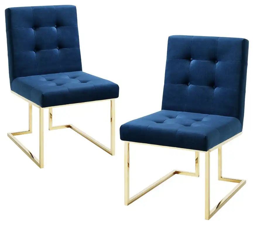 Set of 2 Dining Chairs With Tufted Backs and Gold Finished Metal Frame, Navy Velvet