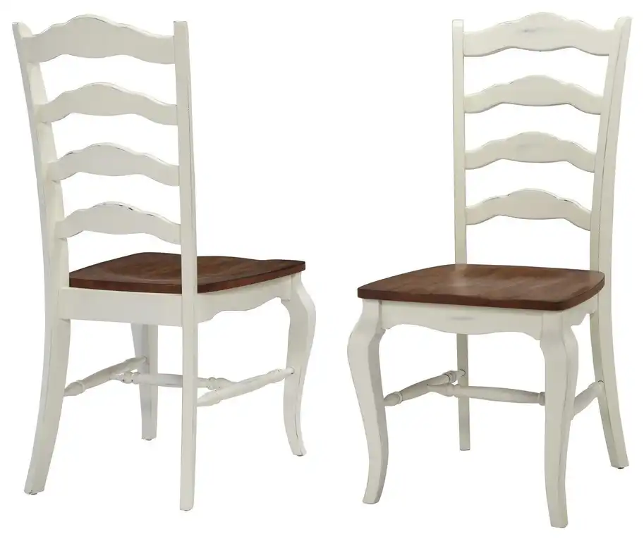 Set of 2 Ladder Back Dining Chairs, Distressed Oak Seat & White Cabriole Legs