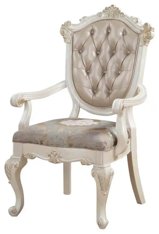 Set of 2 Leatherette Dining Arm Chairs, Rose Gold and Pearl White
