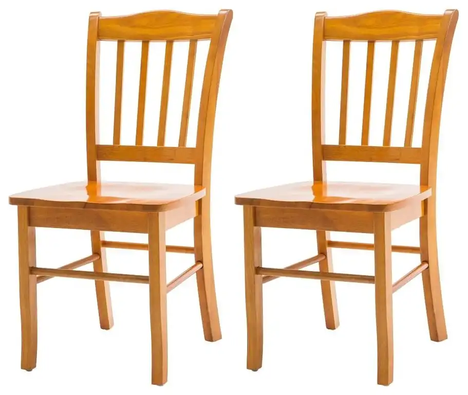 Set of 2 Oak Dining Side Chairs with Slatted Back and Curved Seat
