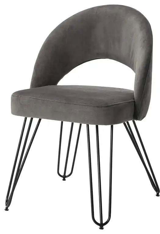 Set of 2 Retro Velvet Dining Chairs with Curved Backs & Matte Black Legs, Dark Grey