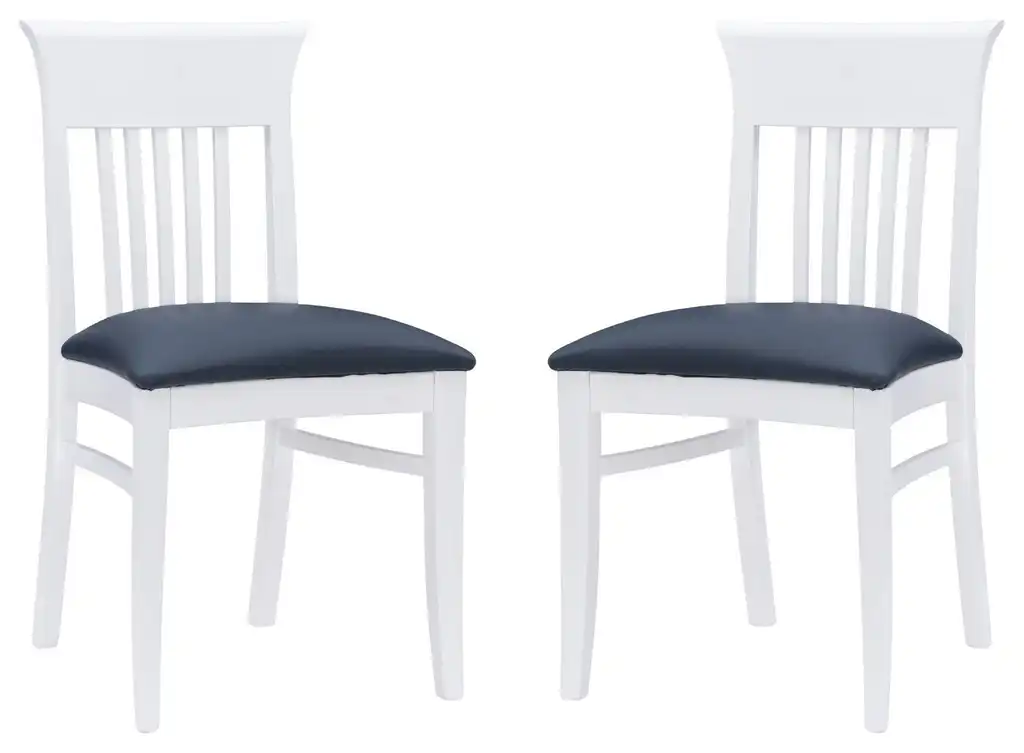 Set of 2 Slatted Back Dining Chairs With Cushioned Navy Seats and White Frame