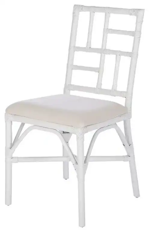 Set of 2 White Rattan Accent Chairs with Cushioned Seats & Geometric Backs