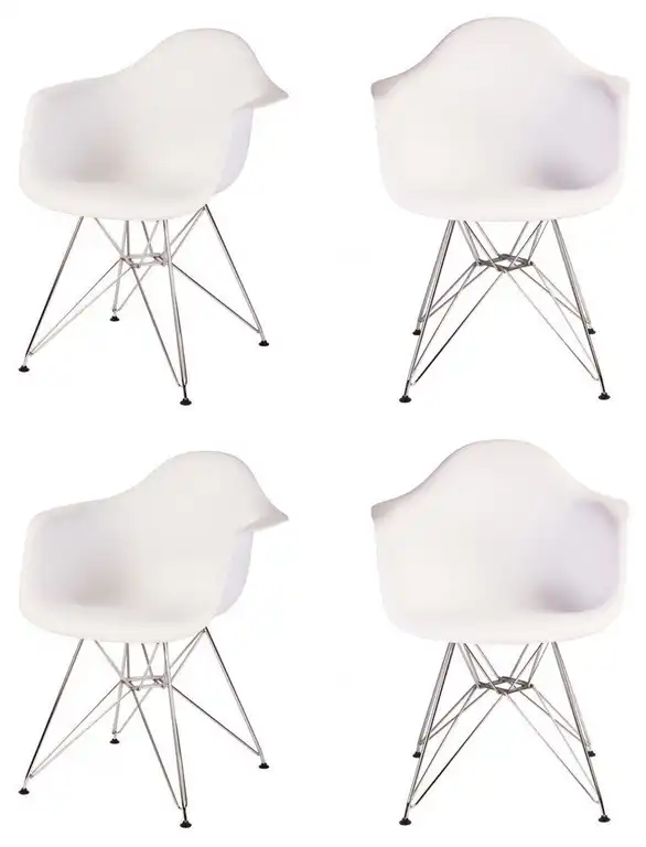 Set of 4 DAR White Mid Century Modern Dining Armchair, Steel Eiffel Legs