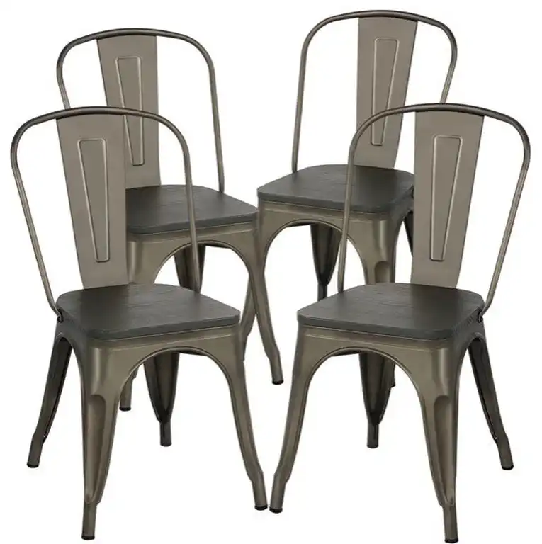 Set of 4 Industrial Dining Chairs with Brown Wooden Seat & Gunmetal Frame